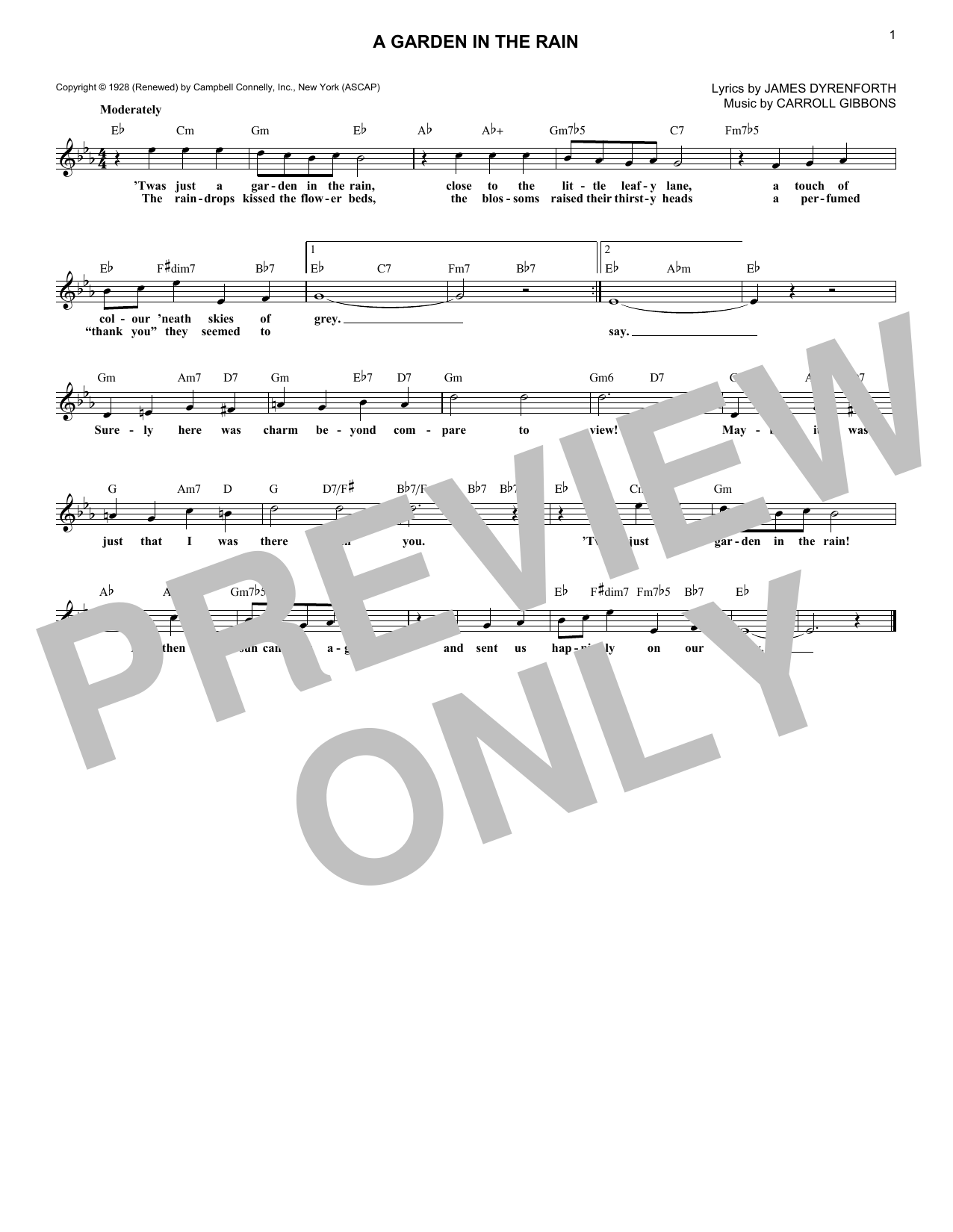Preview Carroll Gibbons A Garden In The Rain Pop sheet music, notes and chords for Piano, Vocal & Guitar (Right-Hand Melody), SKU: 37453 A Garden In The Rain sheet music