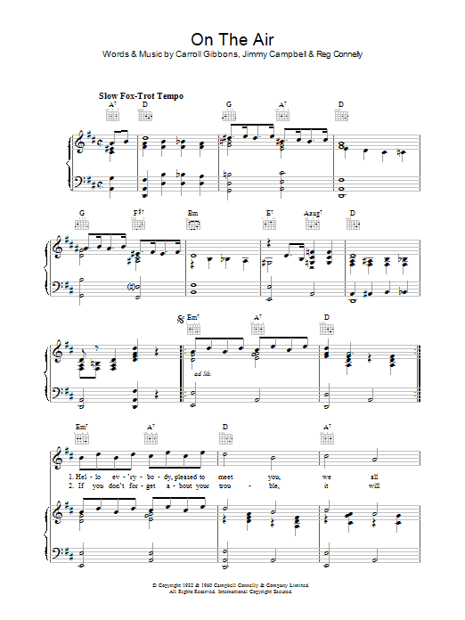 Preview Carroll Gibbons On The Air Pop sheet music, notes and chords for Piano, Vocal & Guitar (Right-Hand Melody), SKU: 37056 On The Air sheet music