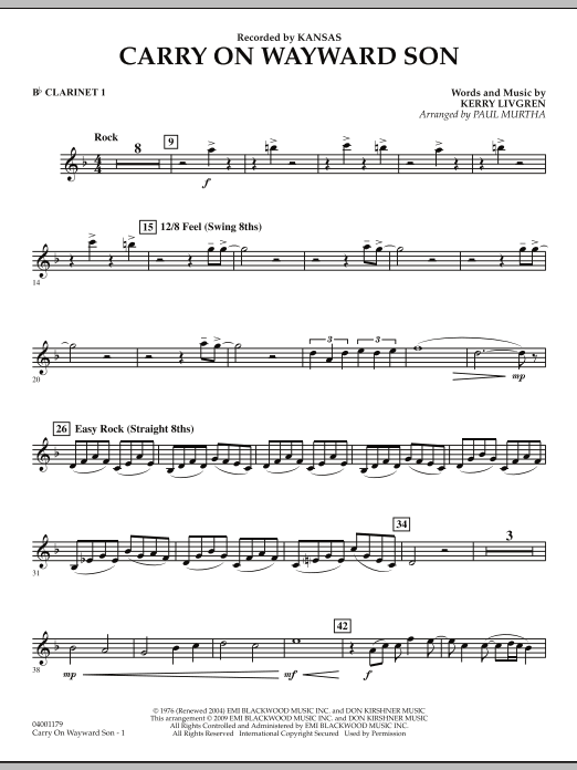 Paul Murtha Carry On Wayward Son Bb Clarinet 1 Sheet Music Download Pdf Score 272166