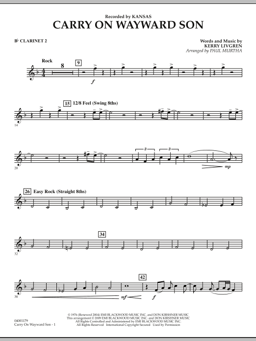 Paul Murtha Carry On Wayward Son Bb Clarinet 2 Sheet Music Download Pdf Score 272167