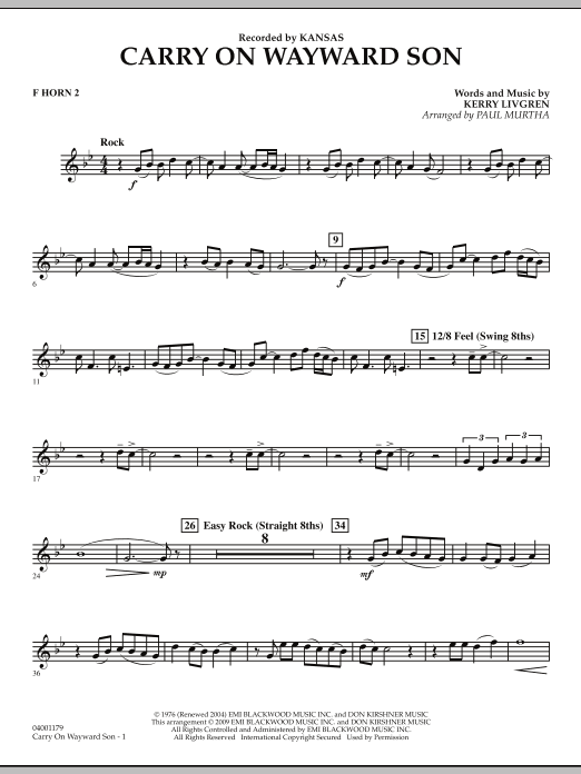 Paul Murtha Carry On Wayward Son F Horn 2 Sheet Music Download Pdf Score