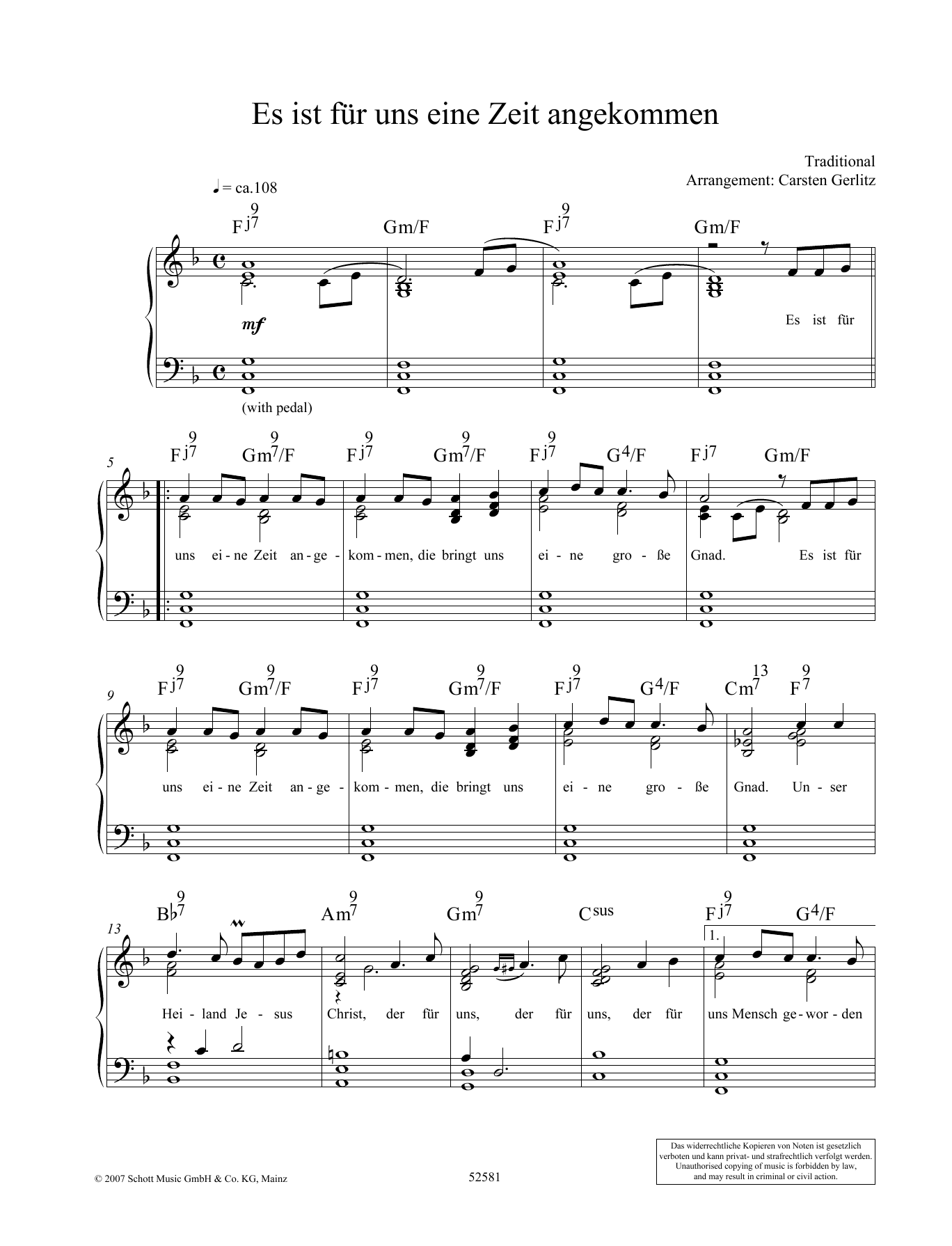 Carsten Gerlitz Es ist fur uns eine Zeit angekommen Sheet Music Notes & Chords for Piano Solo - Download or Print PDF