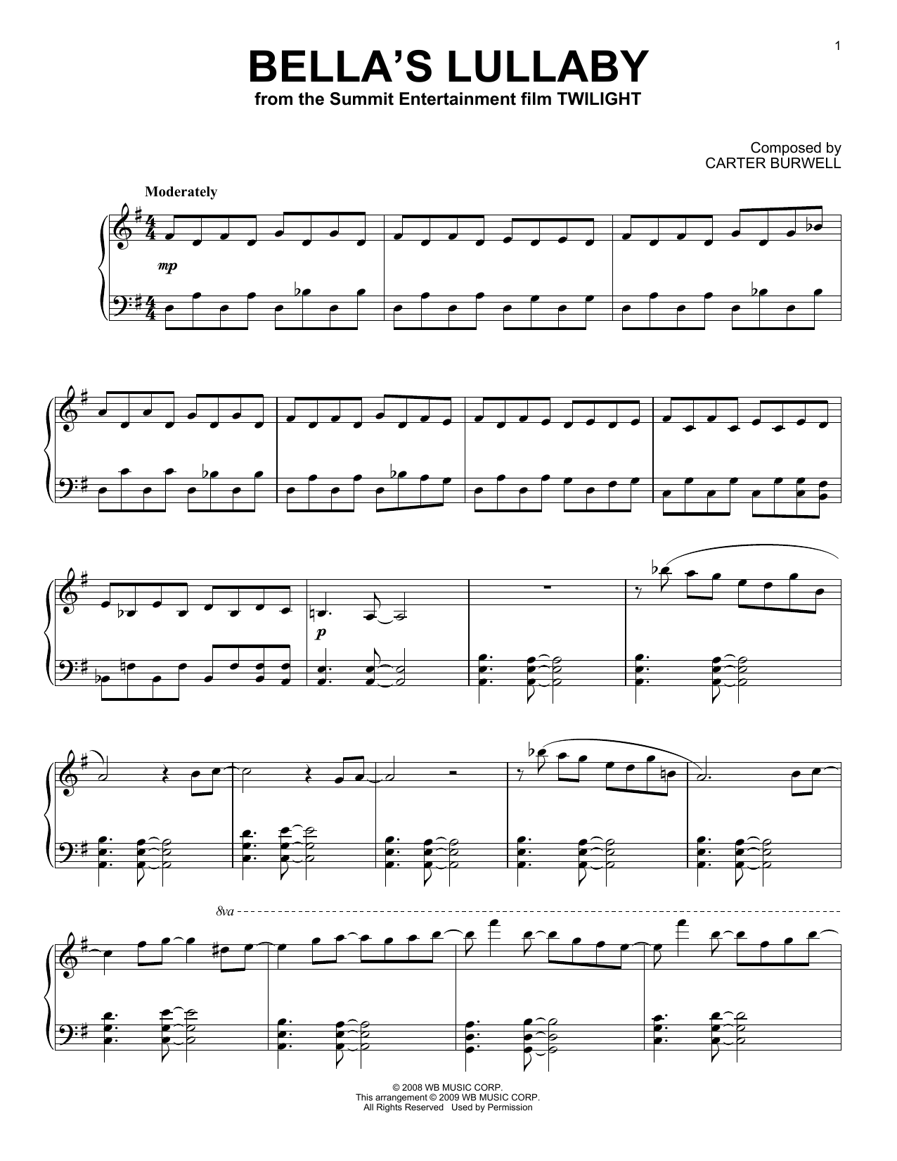 Carter Burwell Bella's Lullaby Sheet Music Notes & Chords for Piano Duet - Download or Print PDF