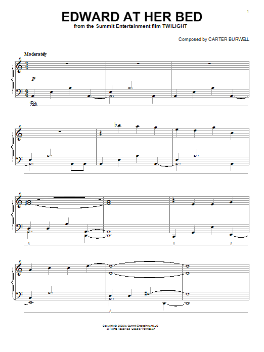 Carter Burwell Edward At Her Bed Sheet Music Notes & Chords for Piano - Download or Print PDF