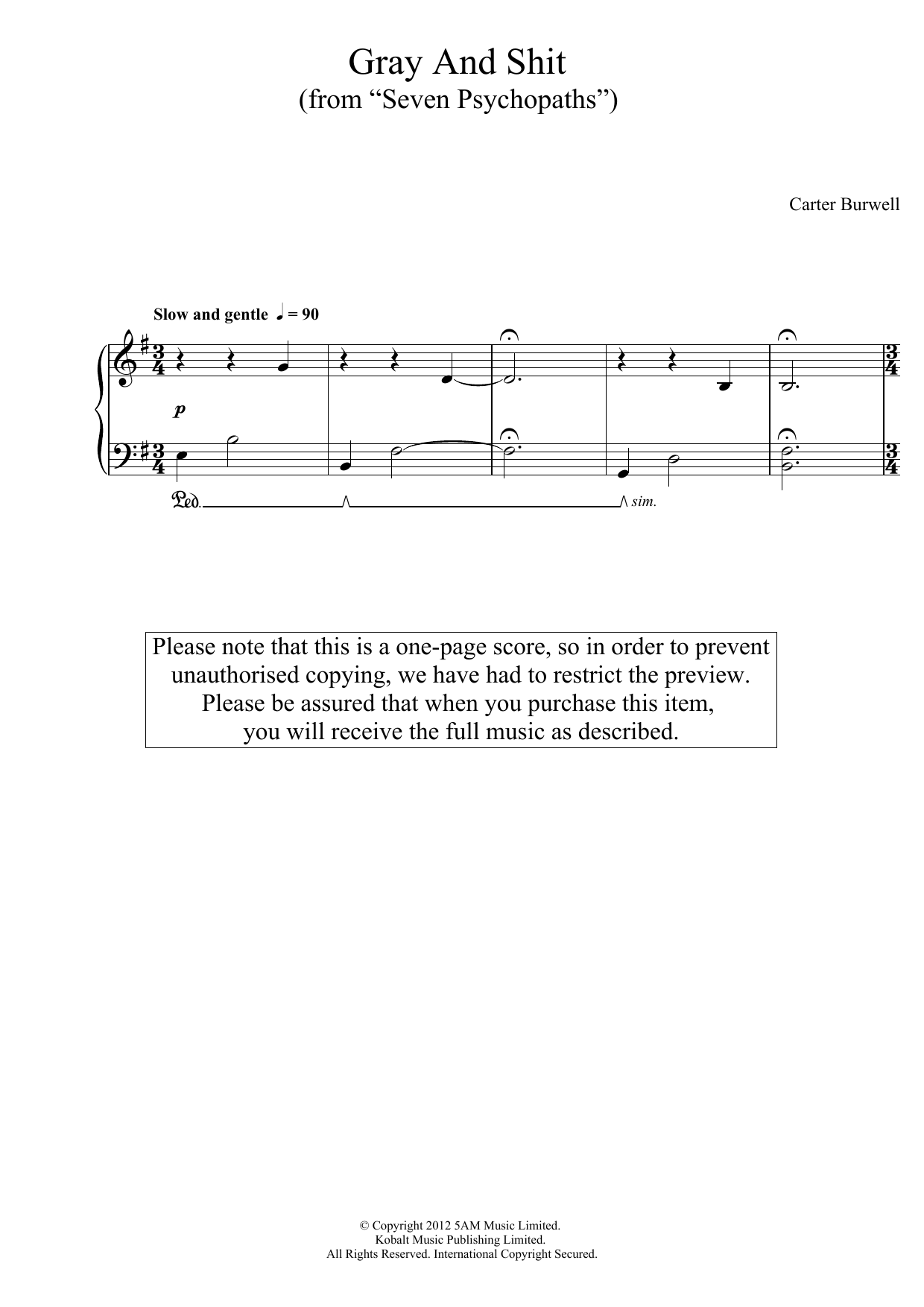 Carter Burwell Gray And Shit (From Seven Psychopaths) Sheet Music Notes & Chords for Piano - Download or Print PDF