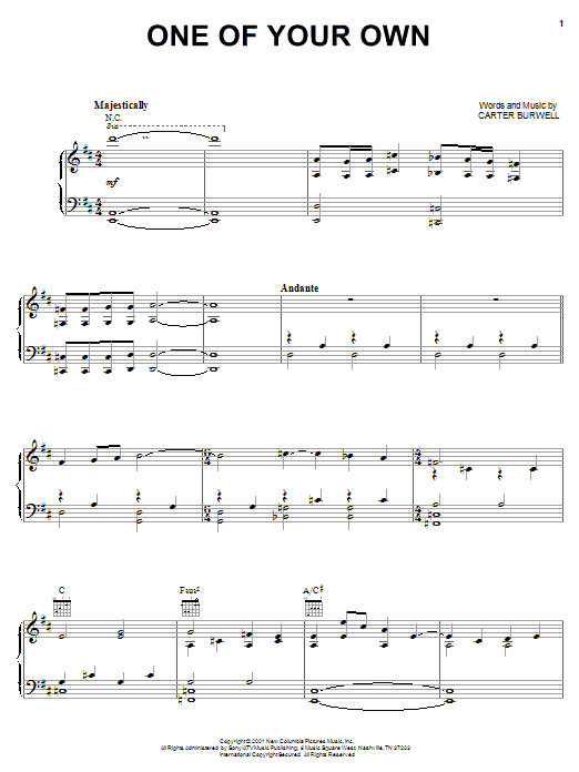 Carter Burwell One Of Your Own Sheet Music Notes & Chords for Piano, Vocal & Guitar (Right-Hand Melody) - Download or Print PDF