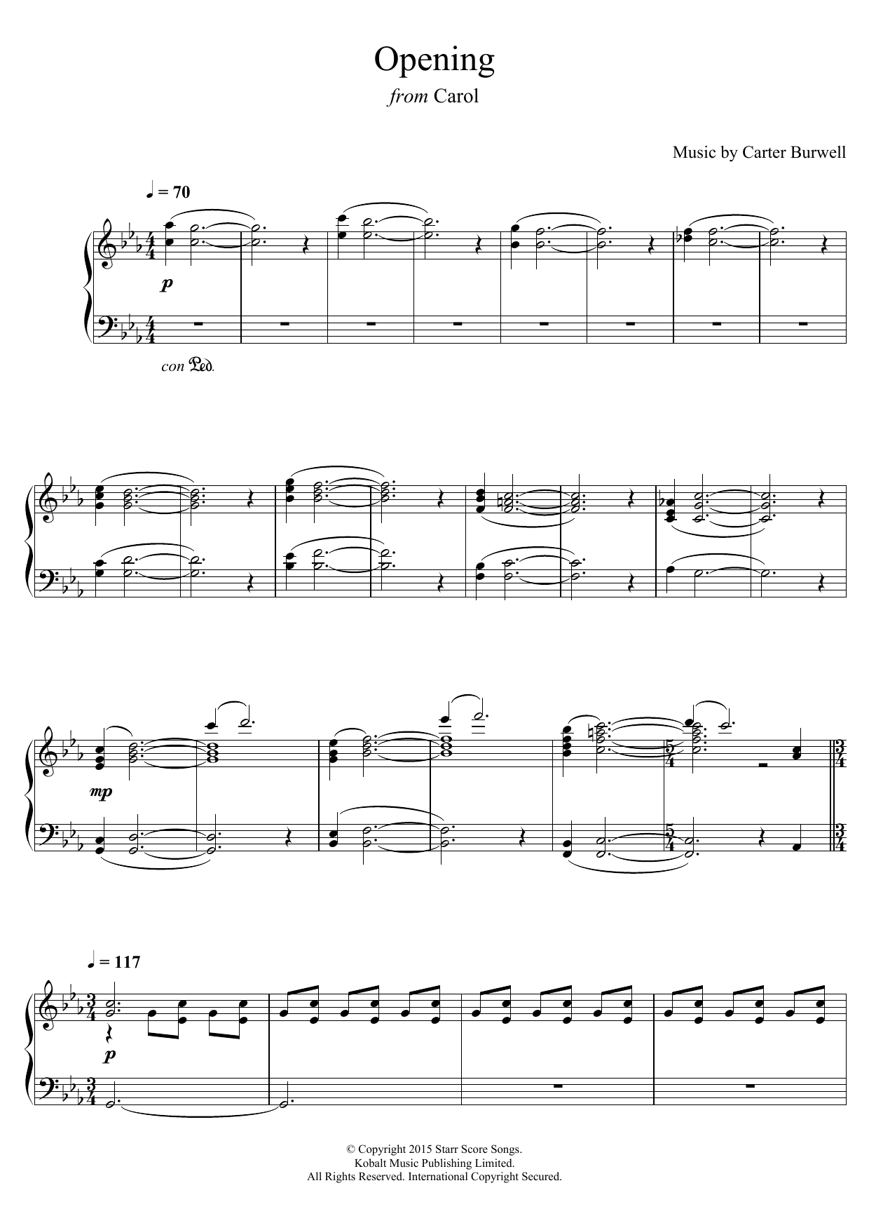 Carter Burwell Opening (from 'Carol') Sheet Music Notes & Chords for Piano - Download or Print PDF