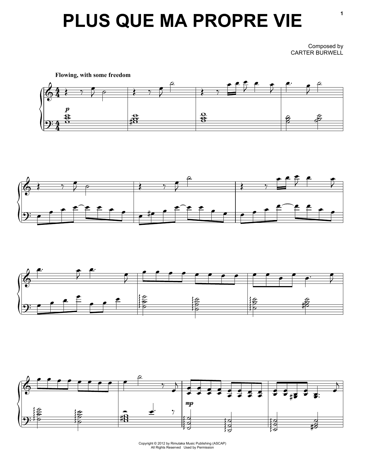 Carter Burwell Plus Que Ma Propre Vie Sheet Music Notes & Chords for Piano, Vocal & Guitar (Right-Hand Melody) - Download or Print PDF