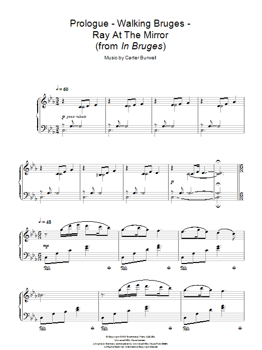 Carter Burwell Prologue - Walking Bruges - Ray At The Mirror Sheet Music Notes & Chords for Piano - Download or Print PDF