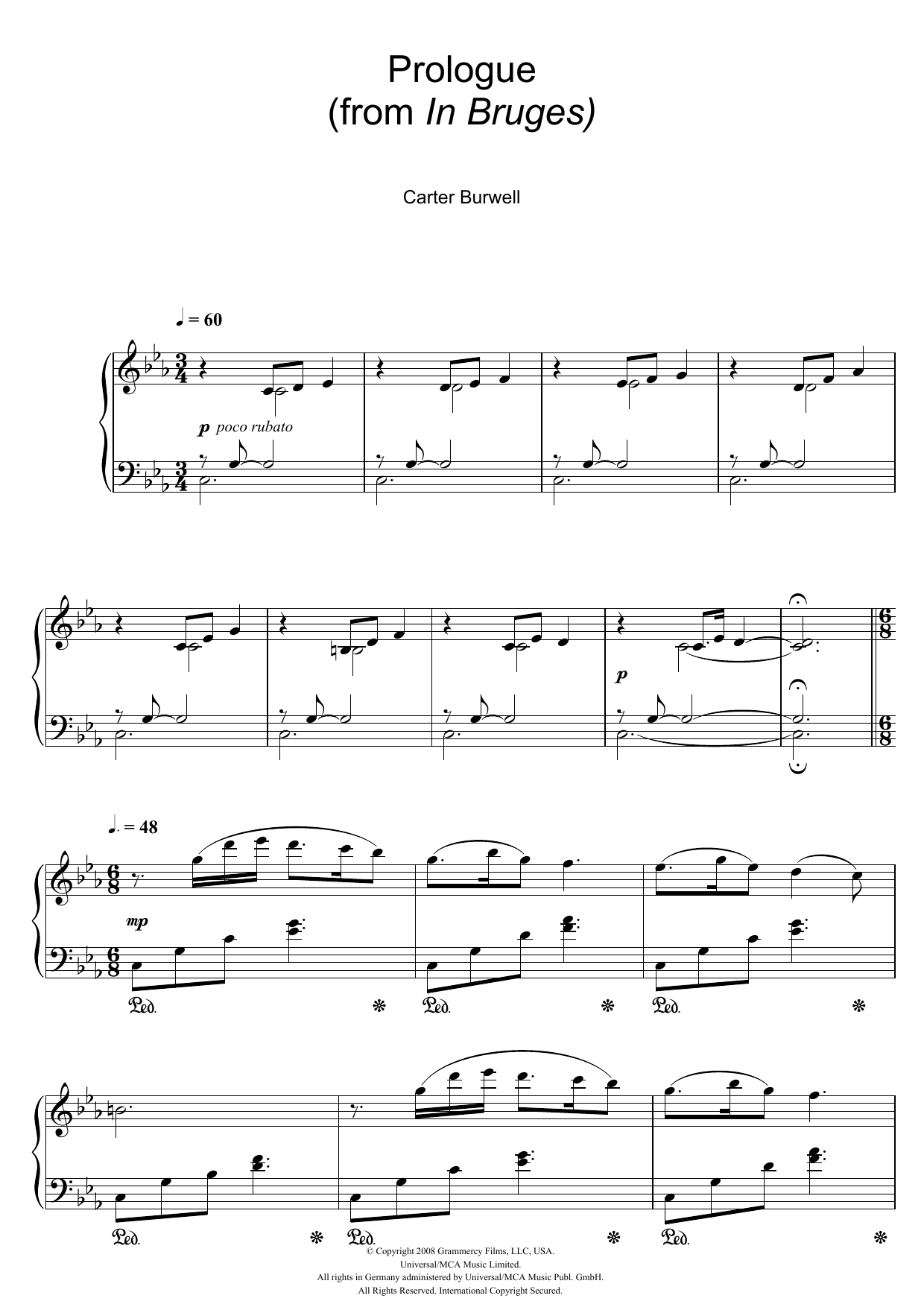 Carter Burwell Prologue (from In Bruges) Sheet Music Notes & Chords for Piano - Download or Print PDF