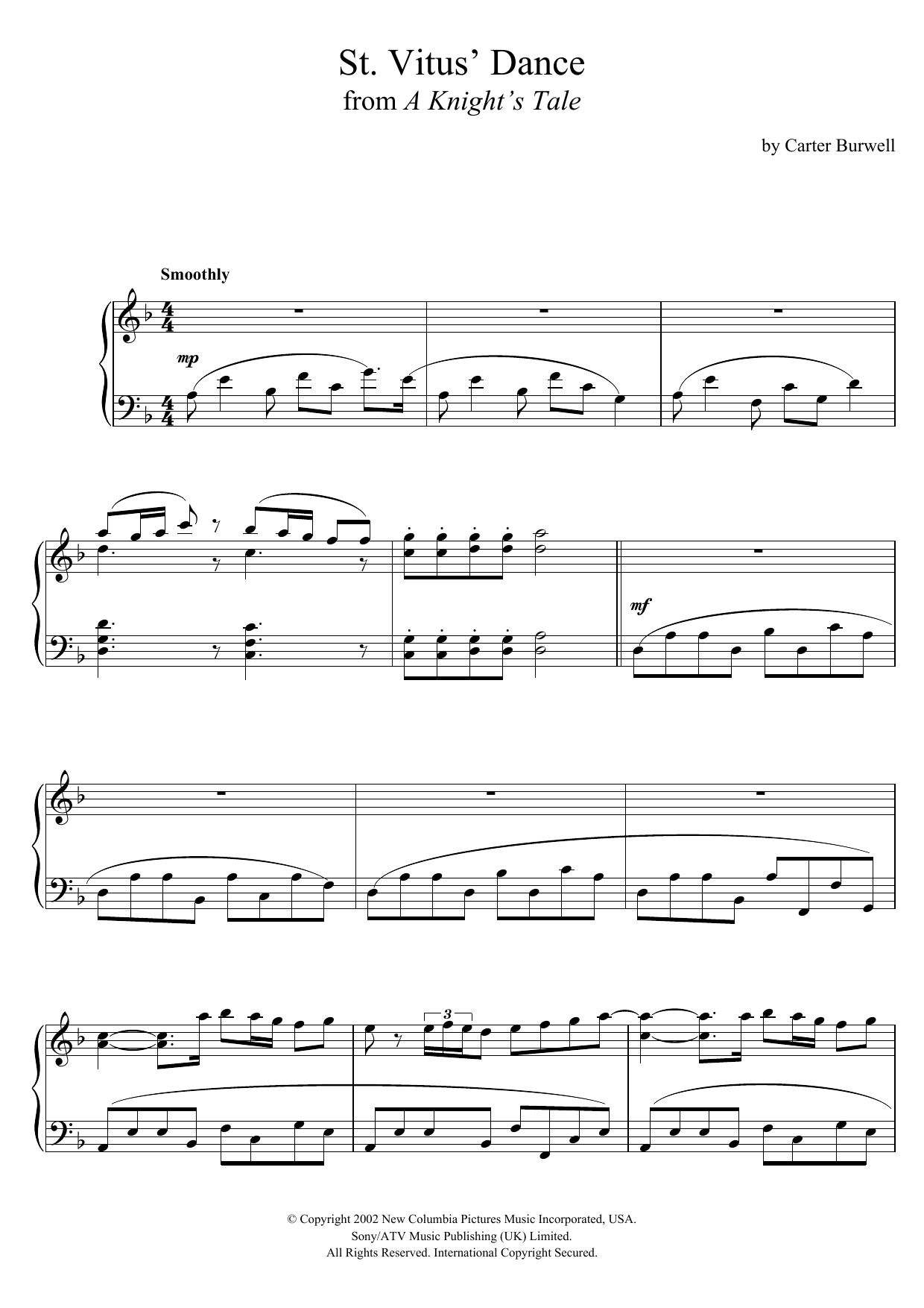 Carter Burwell St. Vitus' Dance (from 'A Knight's Tale') Sheet Music Notes & Chords for Piano - Download or Print PDF