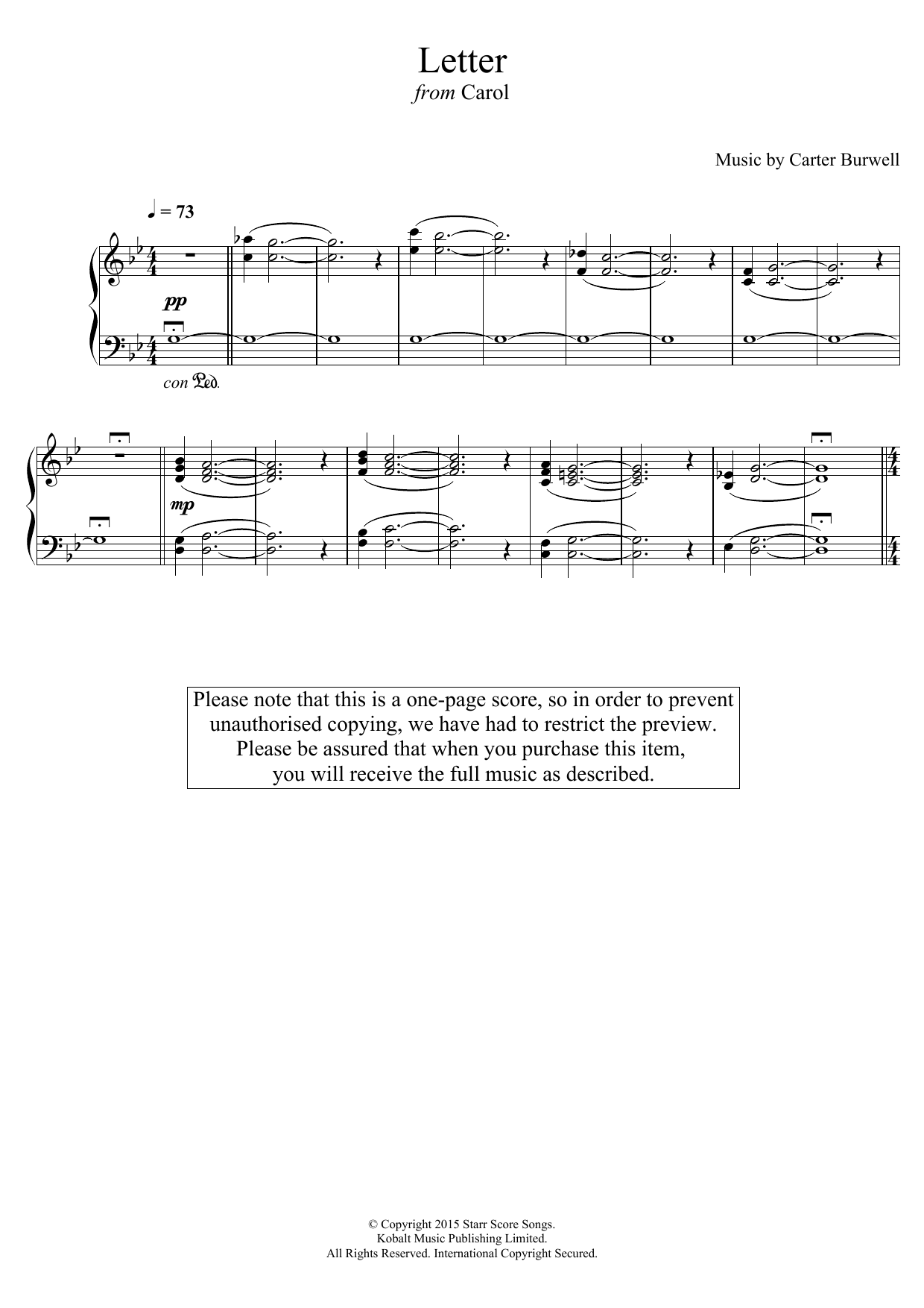 Carter Burwell The Letter (from 'Carol') Sheet Music Notes & Chords for Piano - Download or Print PDF