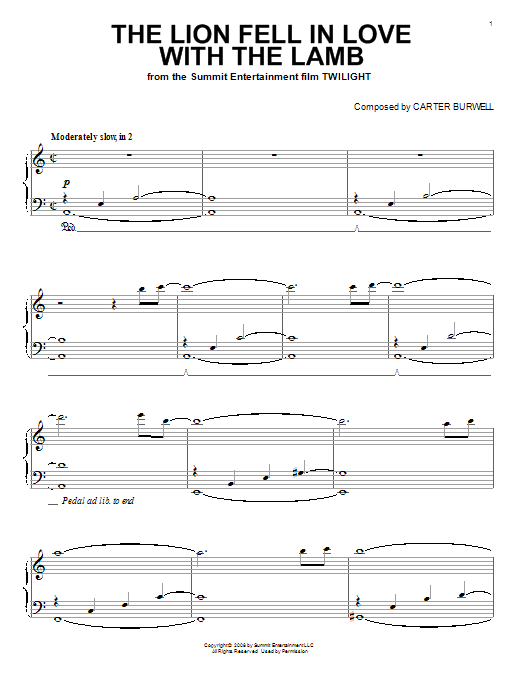 Carter Burwell The Lion Fell In Love With The Lamb Sheet Music Notes & Chords for Piano (Big Notes) - Download or Print PDF