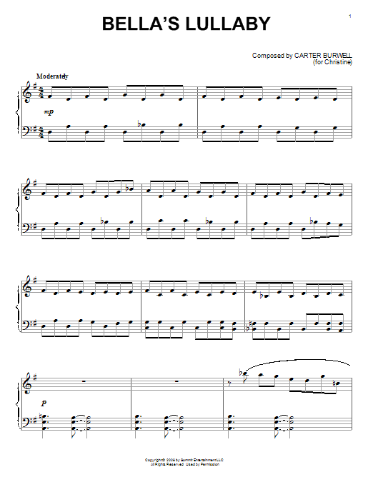 Carter Burwell Twilight Piano Solo Collection featuring Bella's Lullaby Sheet Music Notes & Chords for Piano - Download or Print PDF