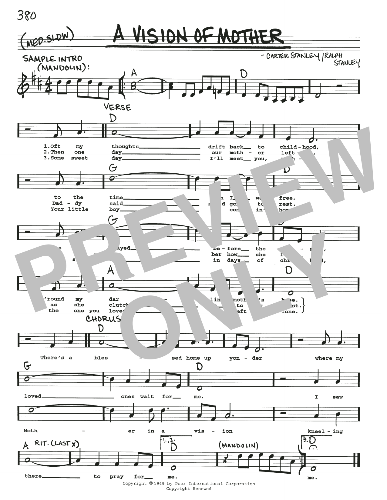 Carter Stanley A Vision Of Mother Sheet Music Notes & Chords for Real Book – Melody, Lyrics & Chords - Download or Print PDF