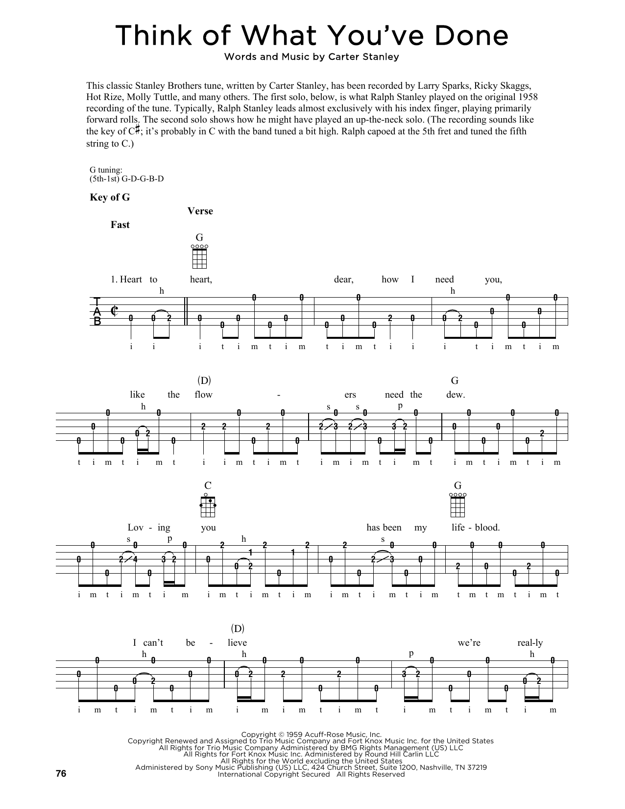 Carter Stanley Think Of What You've Done (arr. Fred Sokolow) Sheet Music Notes & Chords for Banjo Tab - Download or Print PDF