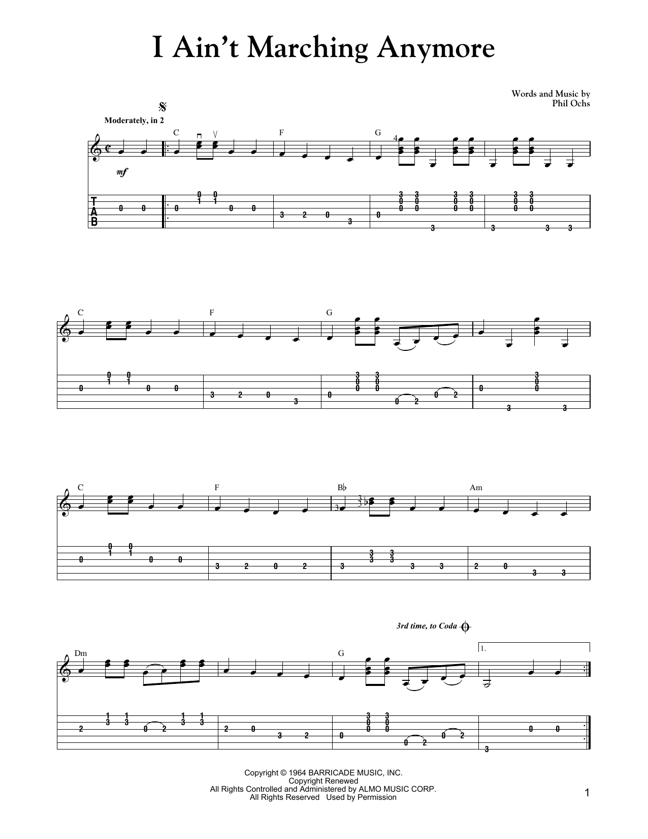 Carter Style Guitar I Ain't Marching Anymore Sheet Music Notes & Chords for Guitar Tab - Download or Print PDF