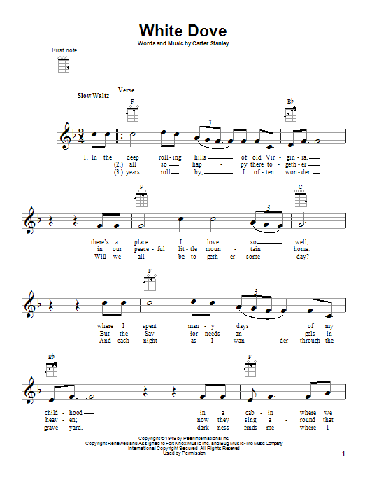 Preview Carter Stanley White Dove Folk sheet music, notes and chords for Ukulele, SKU: 93090 White Dove sheet music