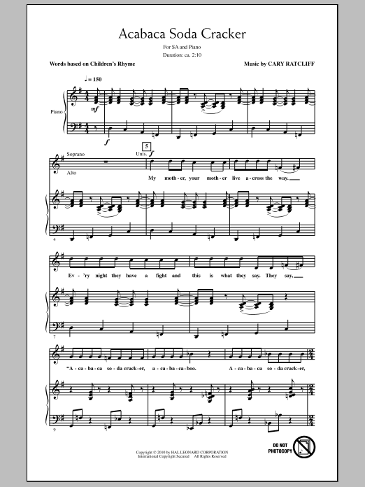 Cary Ratcliff Acabaca Soda Cracker Sheet Music Notes & Chords for 2-Part Choir - Download or Print PDF