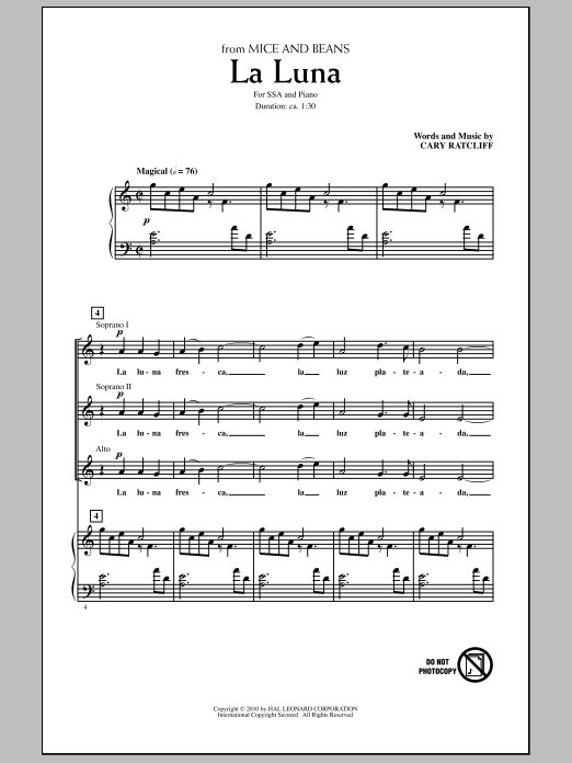 Cary Ratcliff La Luna Sheet Music Notes & Chords for SSA - Download or Print PDF