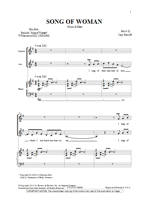 Cary Ratcliff Song Of Woman Sheet Music Notes & Chords for SSA - Download or Print PDF