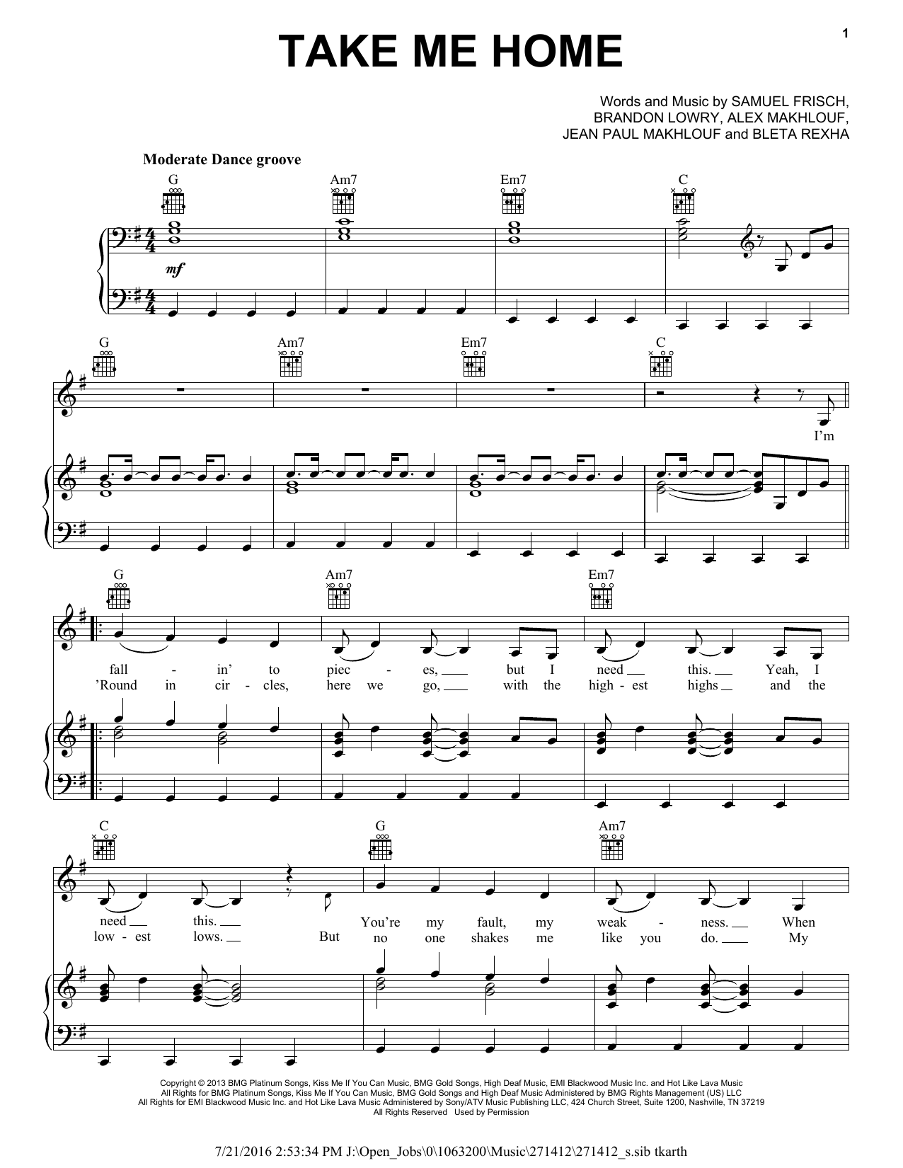 Cash Cash feat. Bebe Rexha Take Me Home Sheet Music Notes & Chords for Piano, Vocal & Guitar (Right-Hand Melody) - Download or Print PDF