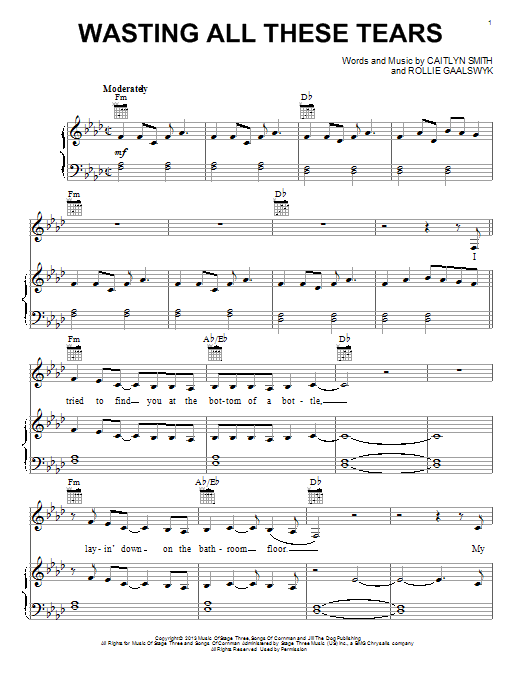 Cassadee Pope Wasting All These Tears Sheet Music Notes & Chords for Piano, Vocal & Guitar (Right-Hand Melody) - Download or Print PDF