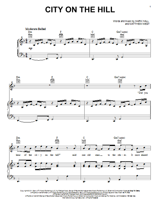 Casting Crowns City On The Hill Sheet Music Notes & Chords for Piano, Vocal & Guitar (Right-Hand Melody) - Download or Print PDF