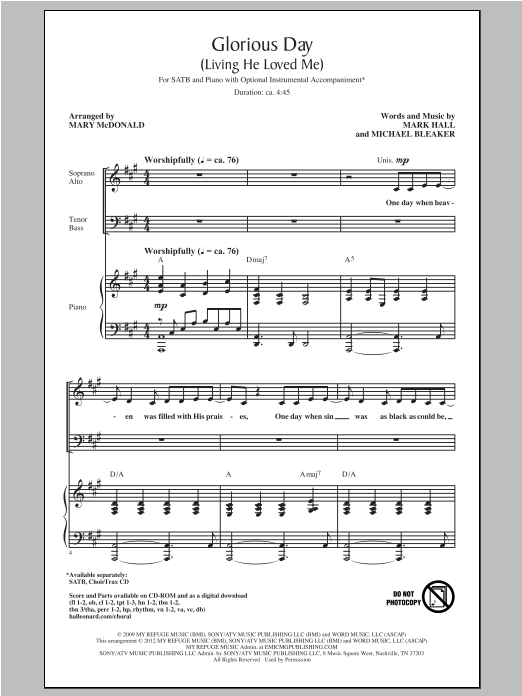 Casting Crowns Glorious Day (Living He Loved Me) (arr. Mary McDonald) Sheet Music Notes & Chords for SAB - Download or Print PDF
