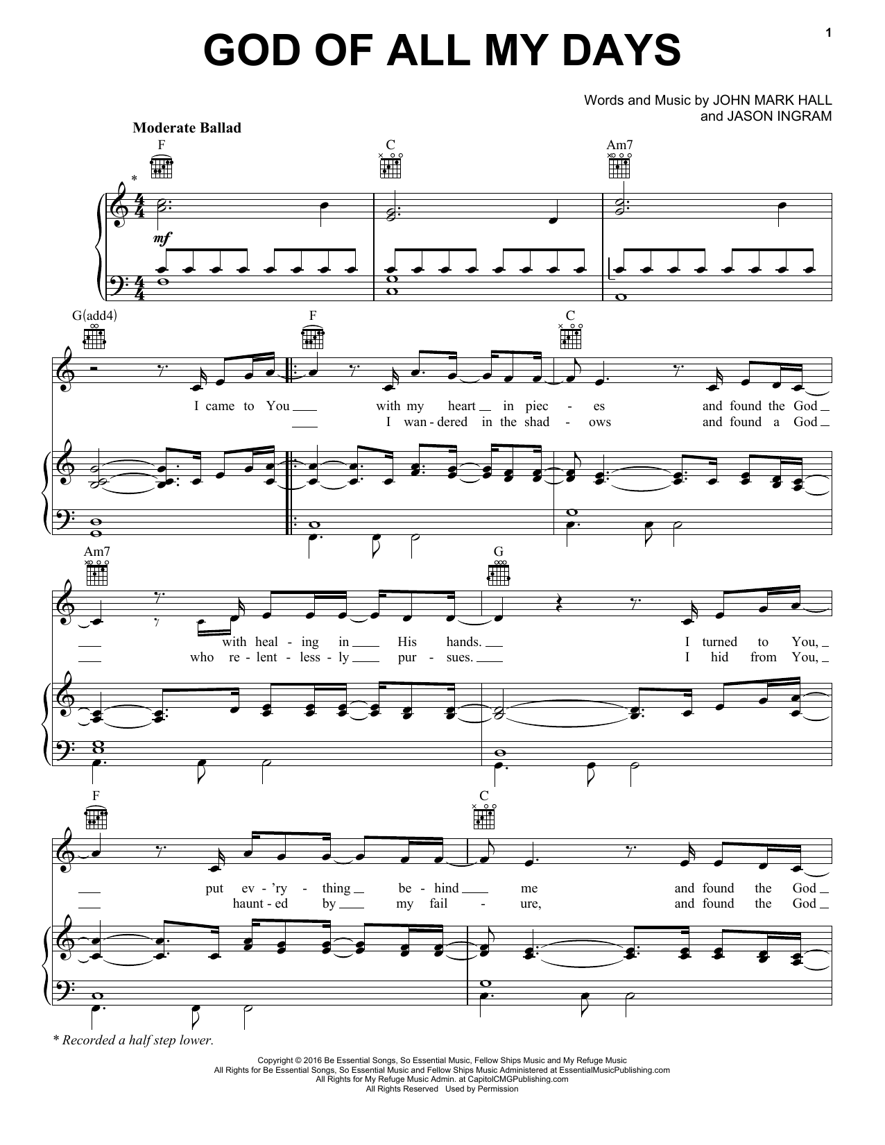 Casting Crowns God Of All My Days Sheet Music Notes & Chords for Piano, Vocal & Guitar (Right-Hand Melody) - Download or Print PDF