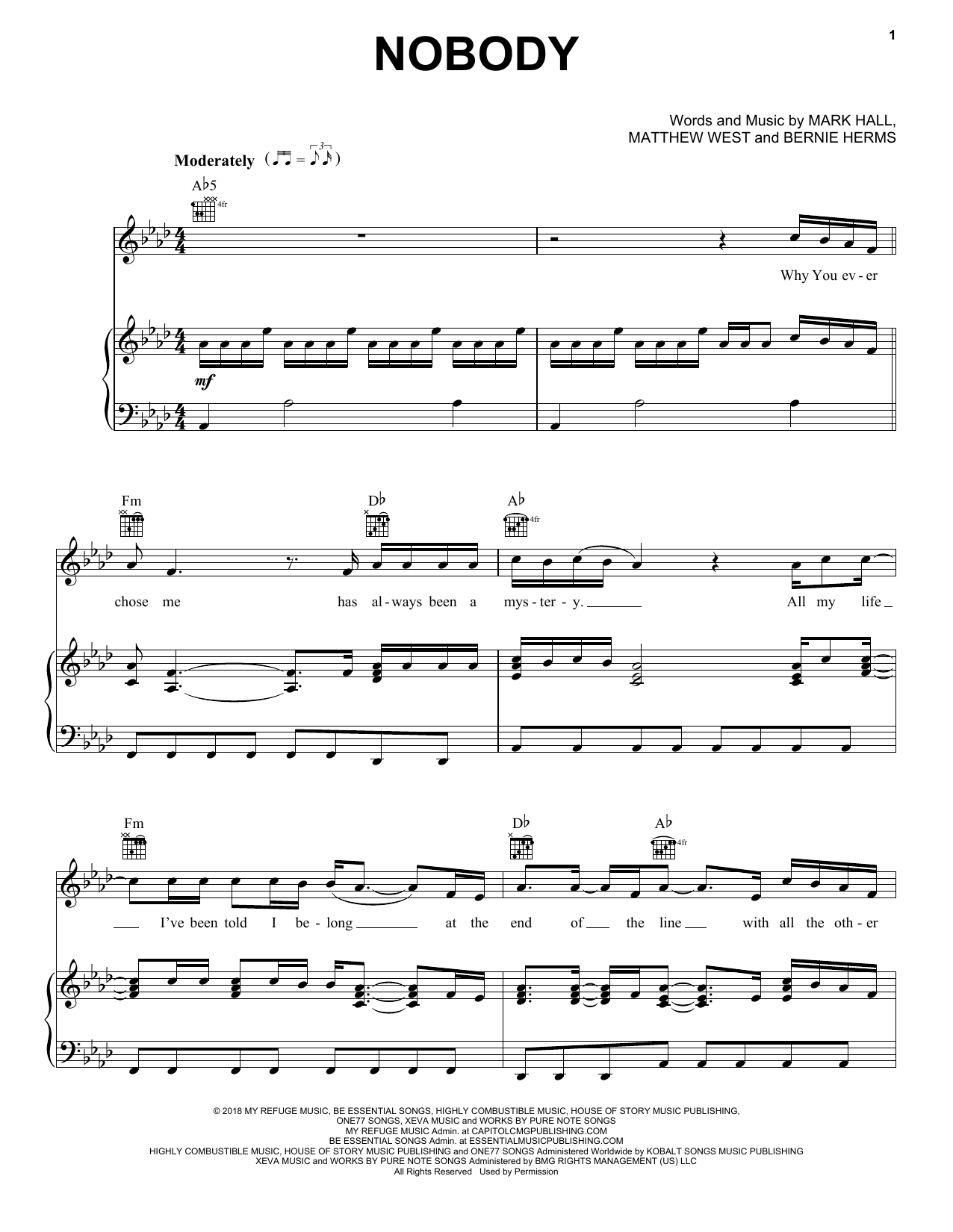 Casting Crowns Nobody Sheet Music Notes & Chords for Piano, Vocal & Guitar (Right-Hand Melody) - Download or Print PDF