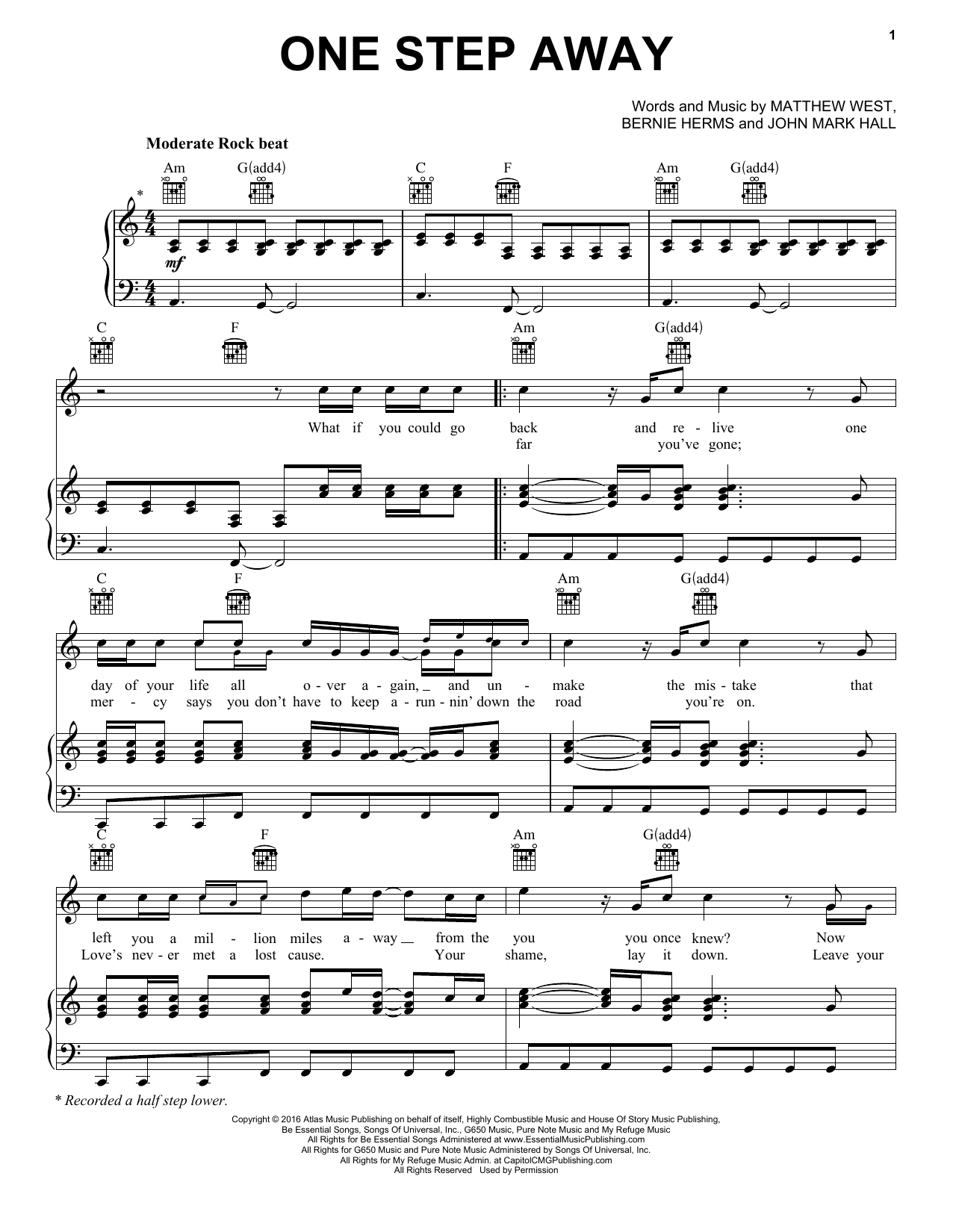 Casting Crowns One Step Away Sheet Music Notes & Chords for Piano, Vocal & Guitar (Right-Hand Melody) - Download or Print PDF