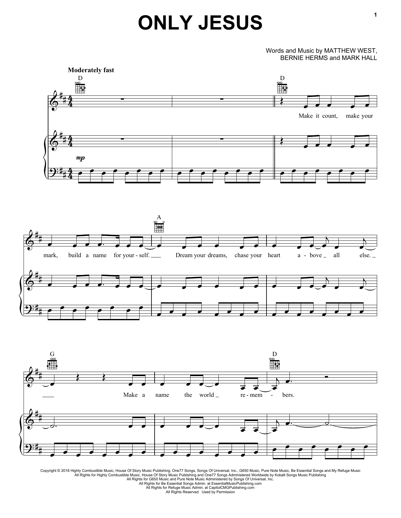 Casting Crowns Only Jesus Sheet Music Notes & Chords for Piano, Vocal & Guitar (Right-Hand Melody) - Download or Print PDF