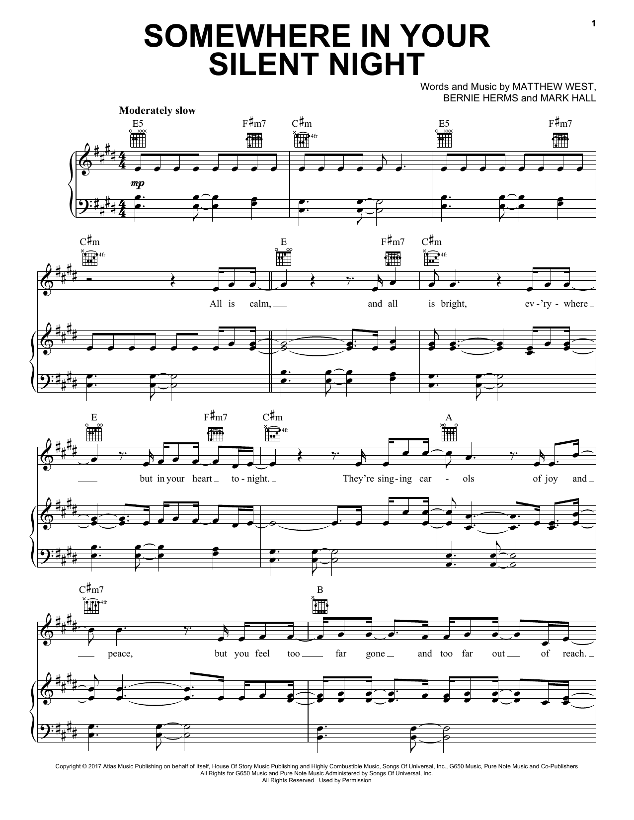 Casting Crowns Somewhere In Your Silent Night Sheet Music Notes & Chords for Piano, Vocal & Guitar (Right-Hand Melody) - Download or Print PDF