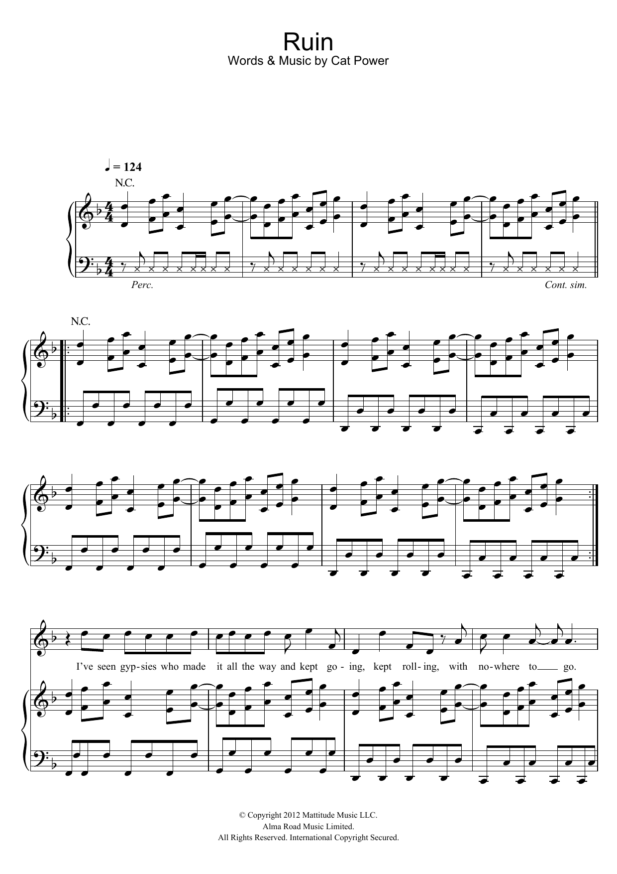 Cat Power Ruin Sheet Music Notes & Chords for Piano, Vocal & Guitar - Download or Print PDF