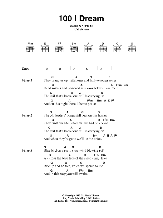 Cat Stevens 100 I Dream Sheet Music Notes & Chords for Lyrics & Chords - Download or Print PDF