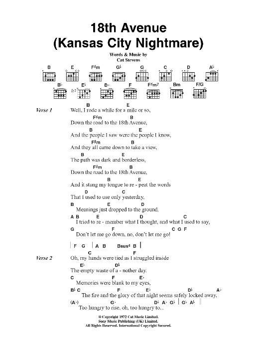 Cat Stevens 18th Avenue (Kansas City Nightmare) Sheet Music Notes & Chords for Lyrics & Chords - Download or Print PDF