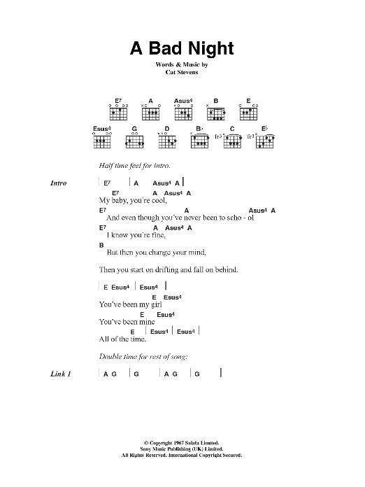 Cat Stevens A Bad Night Sheet Music Notes & Chords for Lyrics & Chords - Download or Print PDF