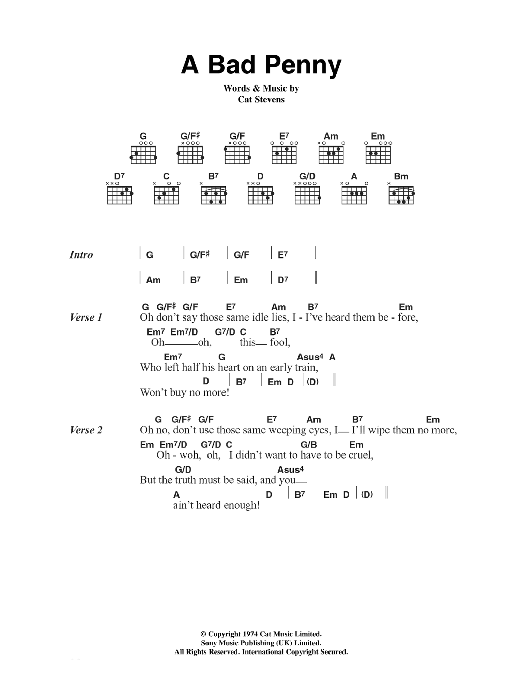 Cat Stevens A Bad Penny Sheet Music Notes & Chords for Lyrics & Chords - Download or Print PDF