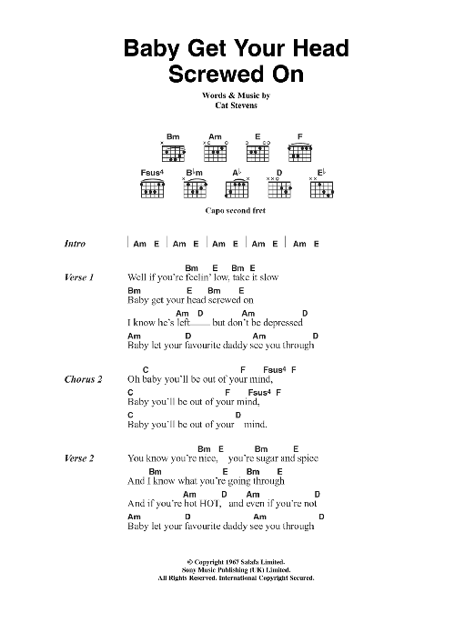 Cat Stevens Baby Get Your Head Screwed On Sheet Music Notes & Chords for Lyrics & Chords - Download or Print PDF