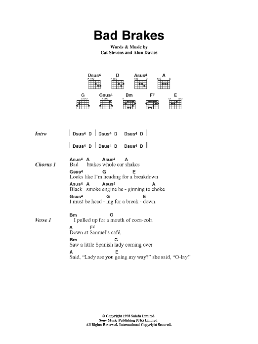 Cat Stevens Bad Brakes Sheet Music Notes & Chords for Lyrics & Chords - Download or Print PDF