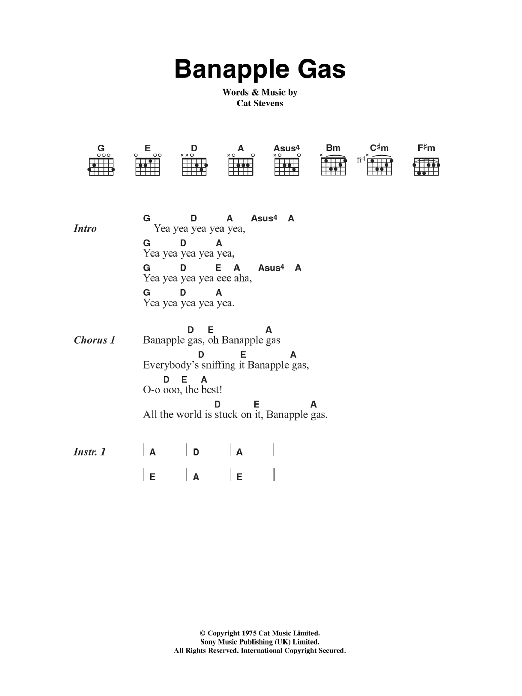 Cat Stevens Banapple Gas Sheet Music Notes & Chords for Lyrics & Chords - Download or Print PDF