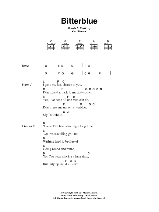 Cat Stevens Bitterblue Sheet Music Notes & Chords for Lyrics & Chords - Download or Print PDF