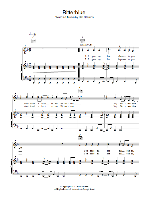 Cat Stevens Bitterblue Sheet Music Notes & Chords for Piano, Vocal & Guitar - Download or Print PDF