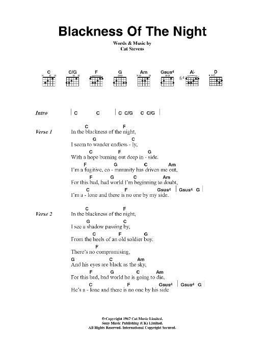 Cat Stevens Blackness Of The Night Sheet Music Notes & Chords for Lyrics & Chords - Download or Print PDF