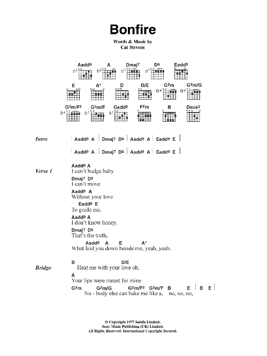 Cat Stevens Bonfire Sheet Music Notes & Chords for Lyrics & Chords - Download or Print PDF