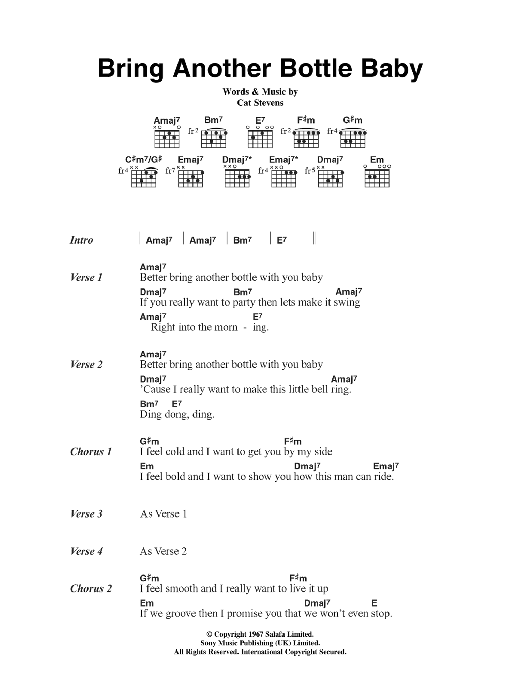 Cat Stevens Bring Another Bottle Baby Sheet Music Notes & Chords for Lyrics & Chords - Download or Print PDF