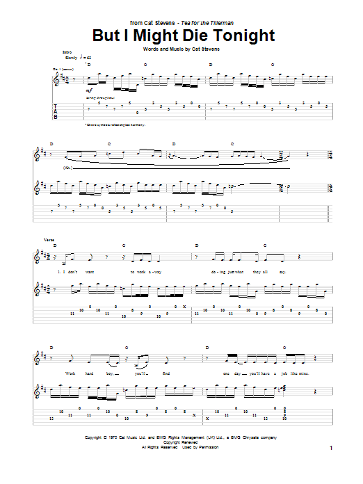 Cat Stevens But I Might Die Tonight Sheet Music Notes & Chords for Guitar Tab - Download or Print PDF