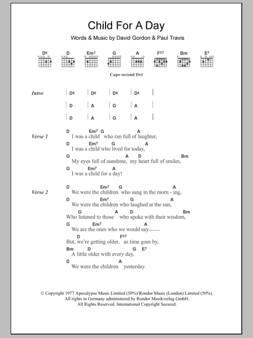 Cat Stevens Child For A Day Sheet Music Notes & Chords for Lyrics & Chords - Download or Print PDF