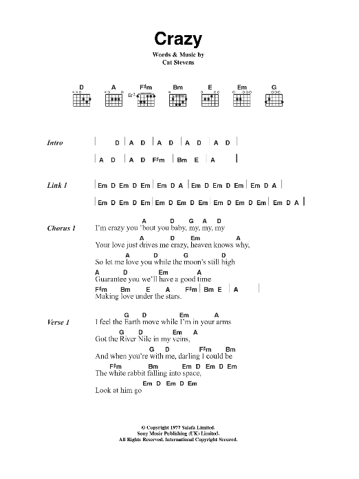 Cat Stevens Crazy Sheet Music Notes & Chords for Lyrics & Chords - Download or Print PDF Cat Stevens Crazy Sheet Music Notes & Chords for Lyrics & Chords - Download or Print PDF